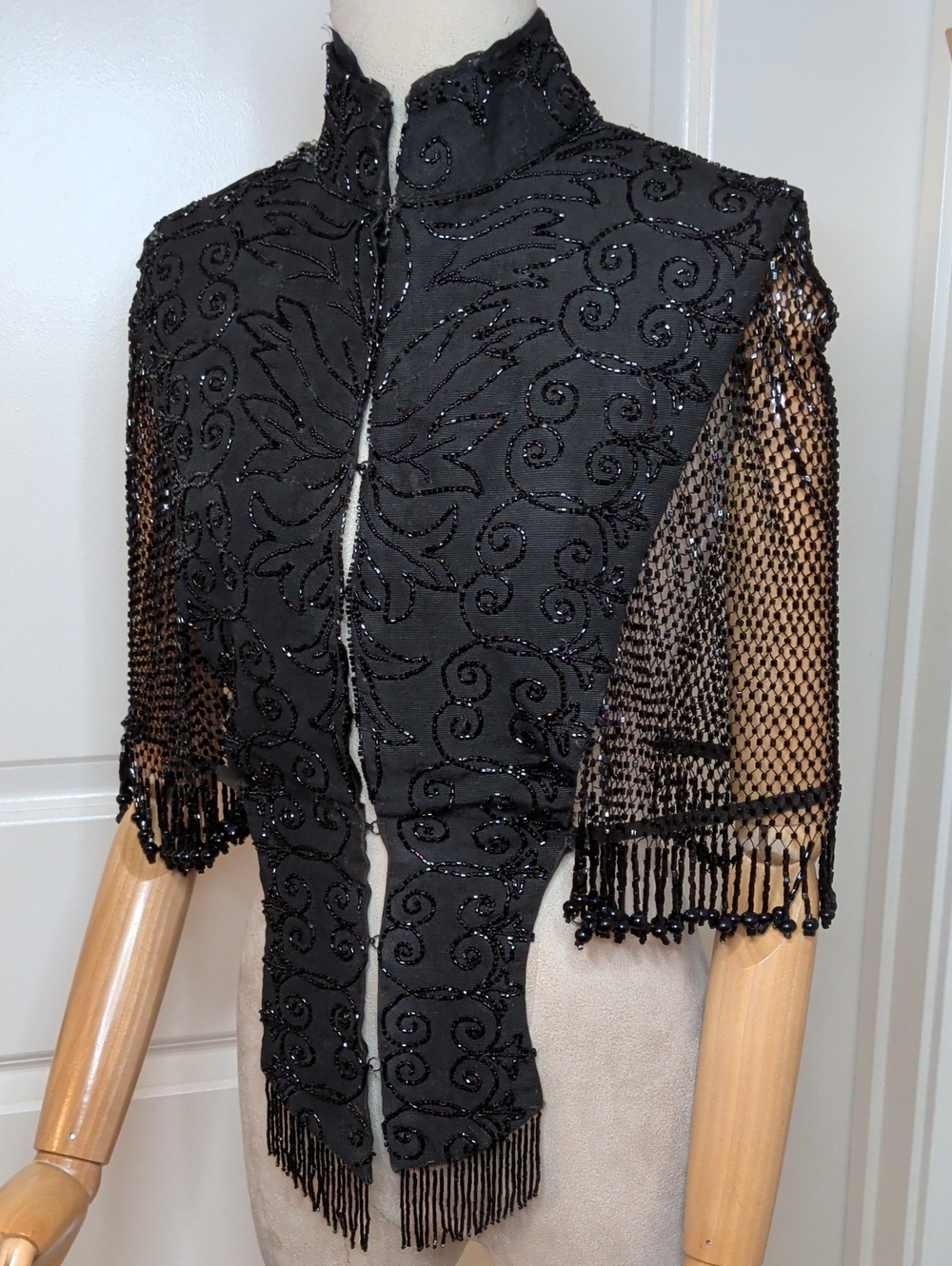 Black Beaded Late Victorian Formal Cape Fringe Beaded Hook Closure Formal XSmall